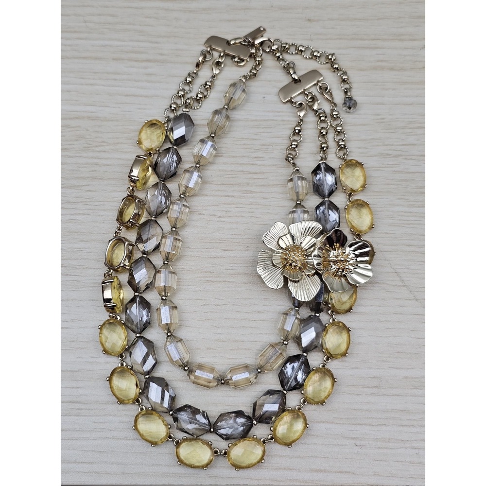 WHBM Multi Strand Statement Necklace Gold Floral Smoky Gray‎ Yellow Stones